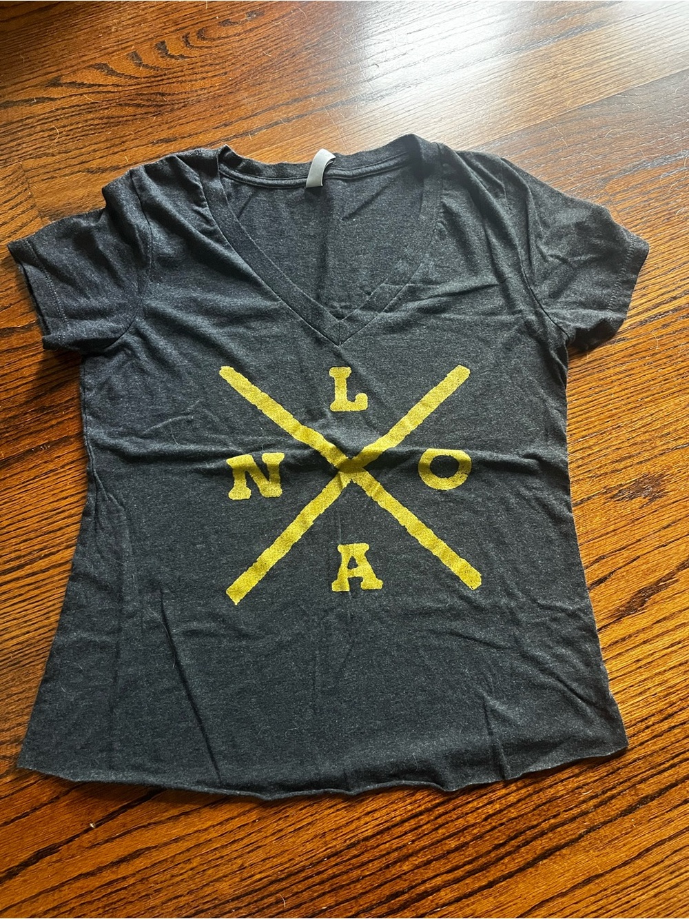 NOLA Black V-Neck Tee with Yellow Crossed Letter XL